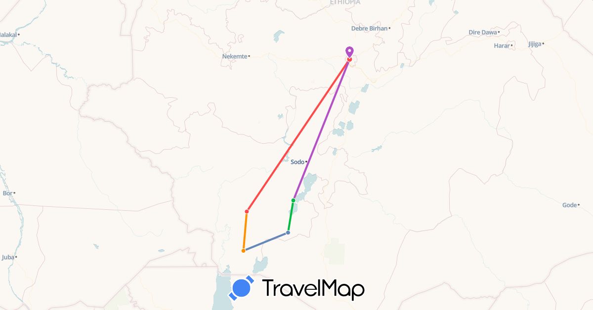 TravelMap itinerary: driving, bus, cycling, train, hiking, hitchhiking in Ethiopia (Africa)